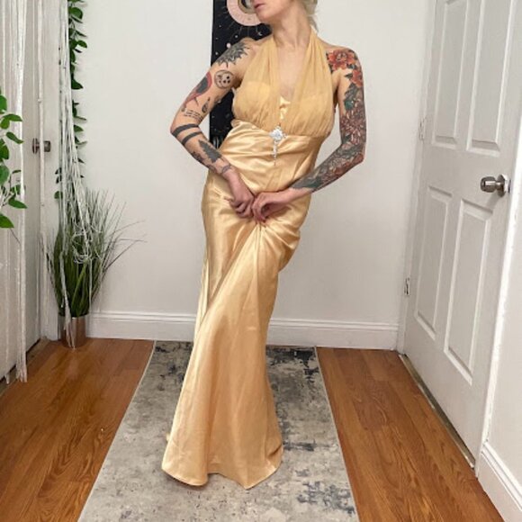 Y2K Vintage Rhinestone Satin Halter Prom Maxi Dress Sleeveless Size M Gold - Picture 13 of 14